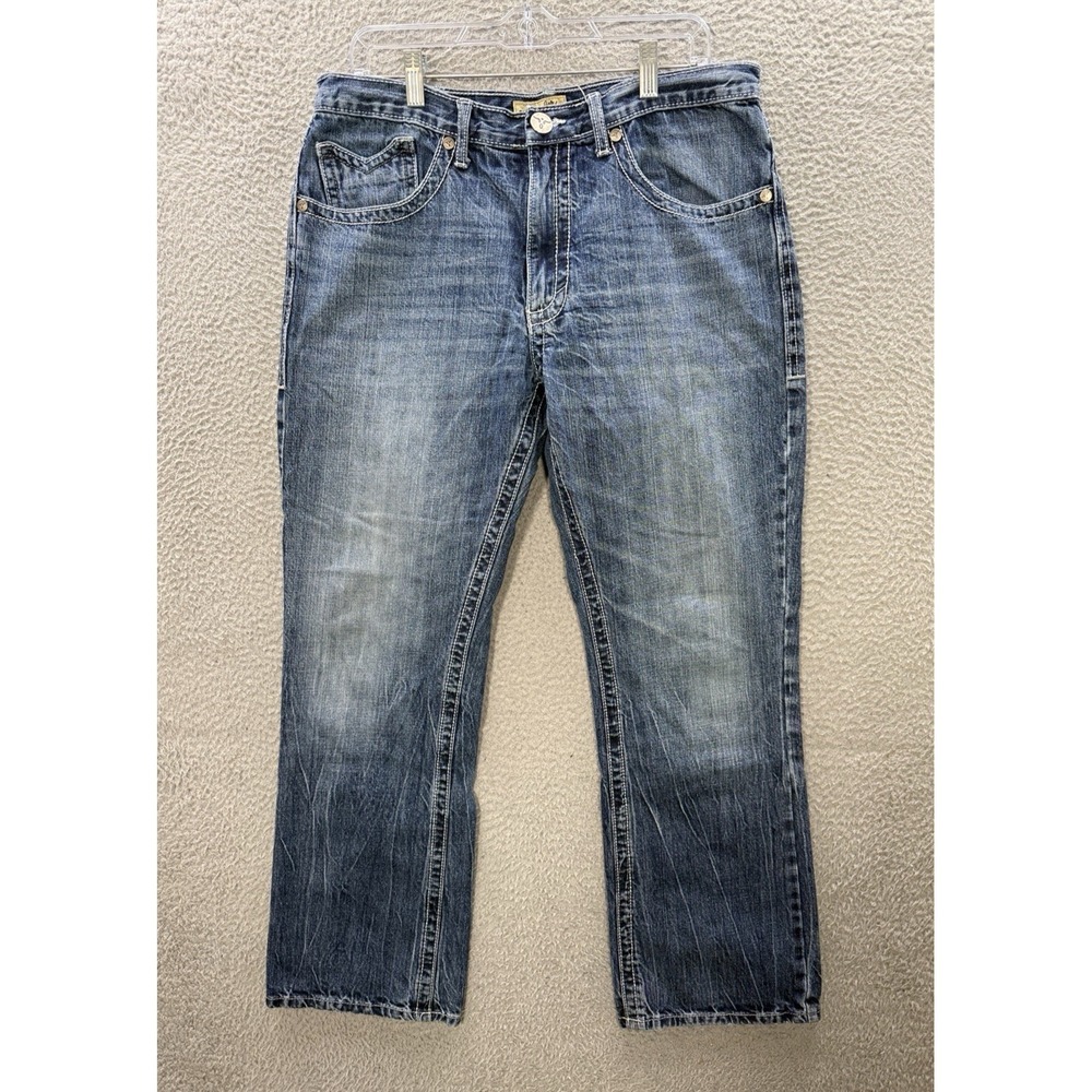 Wrangler 20X Jeans Mens 34x32 Blue Denim Bootcut Thick Stitch Distressed Western